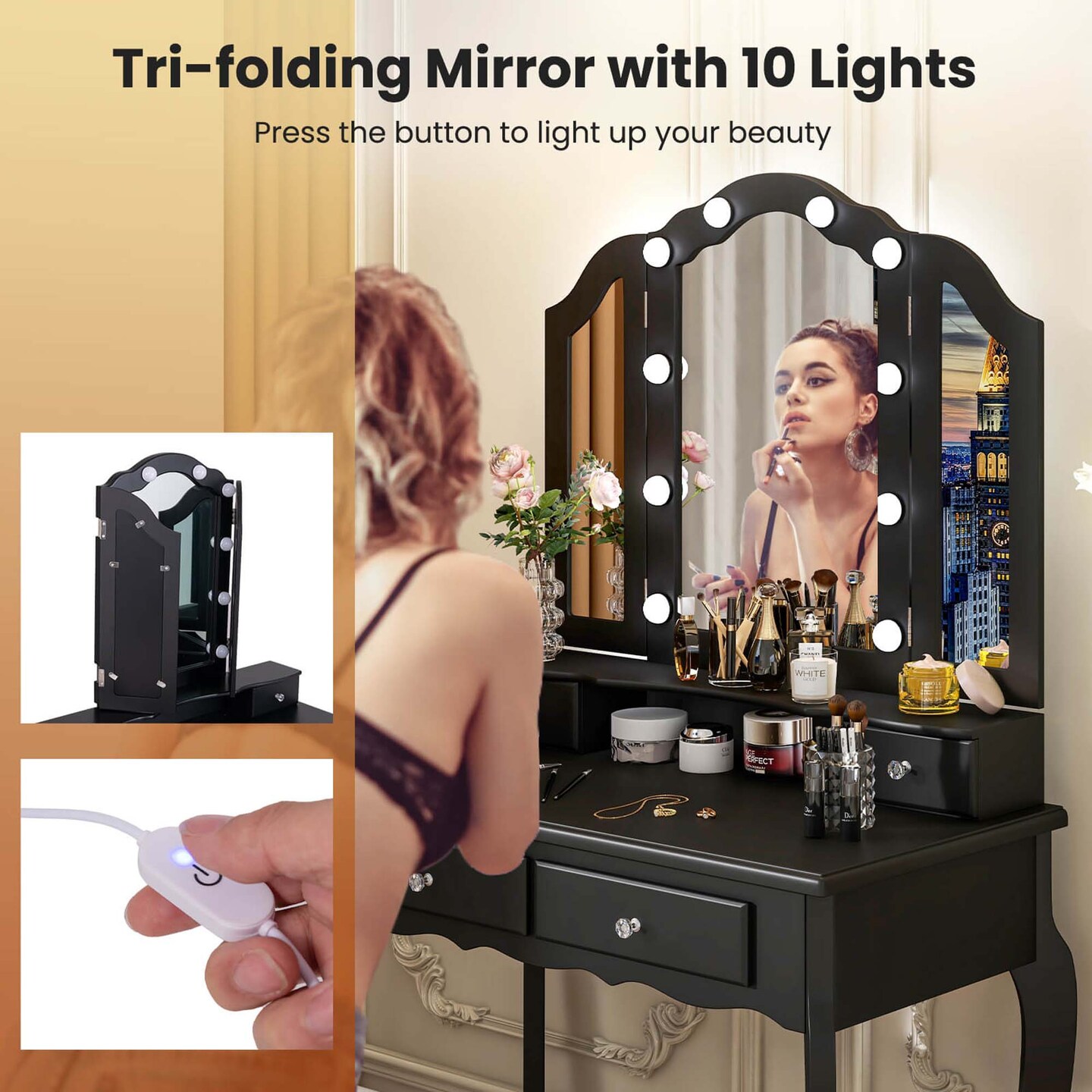 Costway Makeup Vanity Set with Tri-Fold Mirror & LED Lights 4 Drawers Open Shelf White/Black