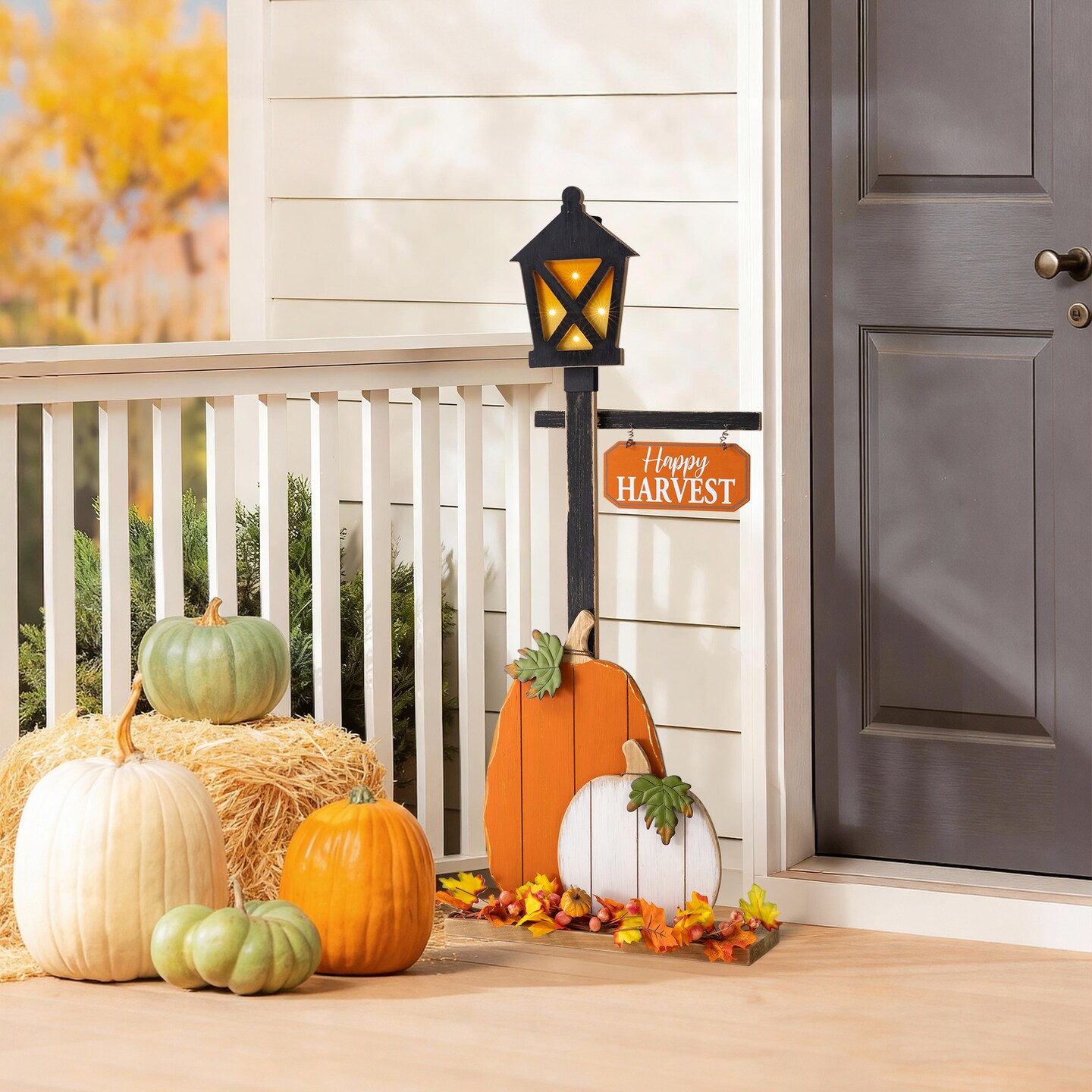 Set of 2 36"H Fall Lighted Wooden Pumpkin Lamp Post Porch Decor w/Timer(KD)