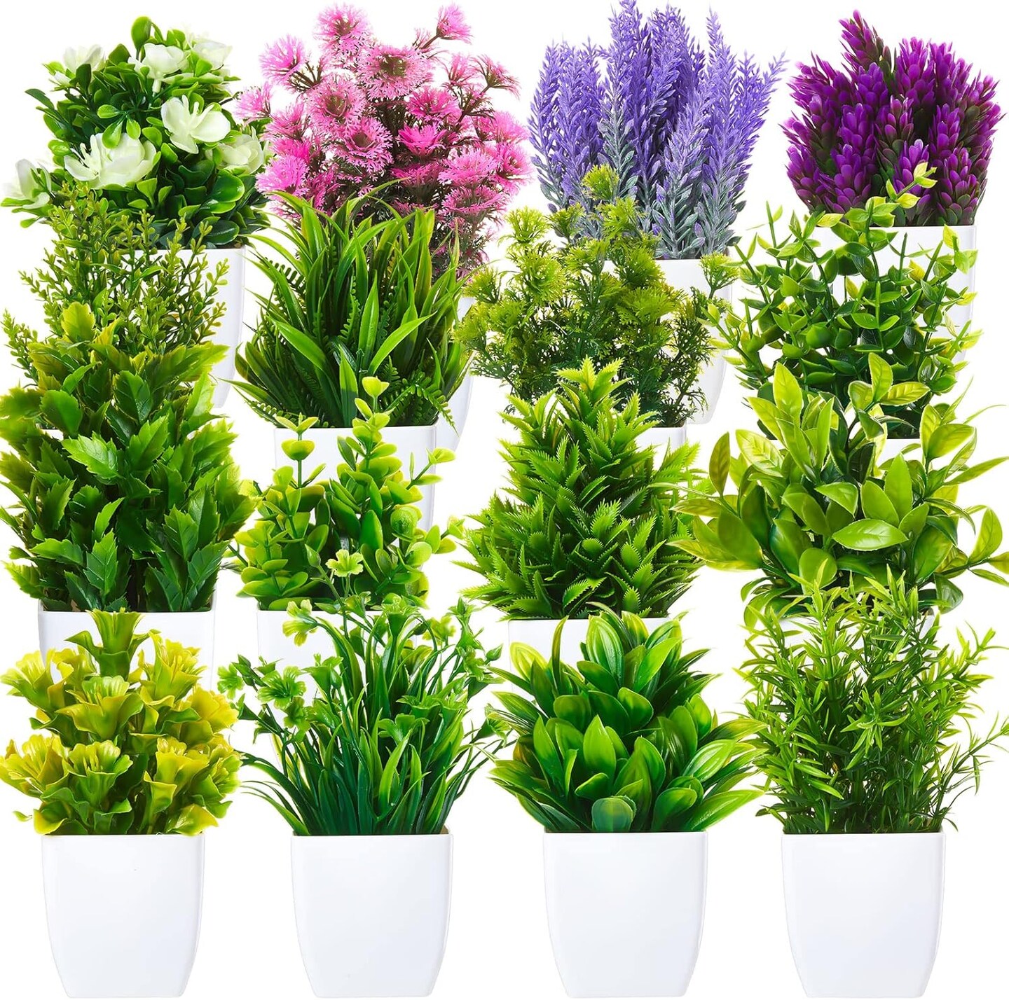 16PCS Mini Artificial Potted Plants – Faux Eucalyptus, Lavender & Wheat Grass in White Pots for Mother’s Day Card Making, Home Office, Bathroom & Living Room Decor