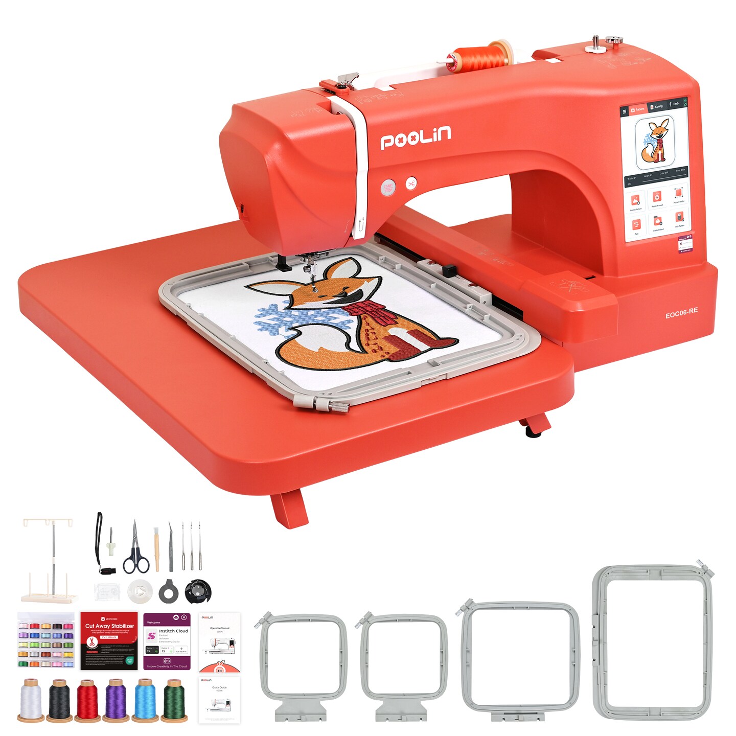 Official Poolin EOC06-RE Computerized Embroidery Machine Best Seller in US with 7.9x11" Larger Area, 7" LCD Big Touch Screen, Wifi Available with Supplies Starter Kit Online Digitizing Software for Business Owner Order & Women Gift, Mother's Day