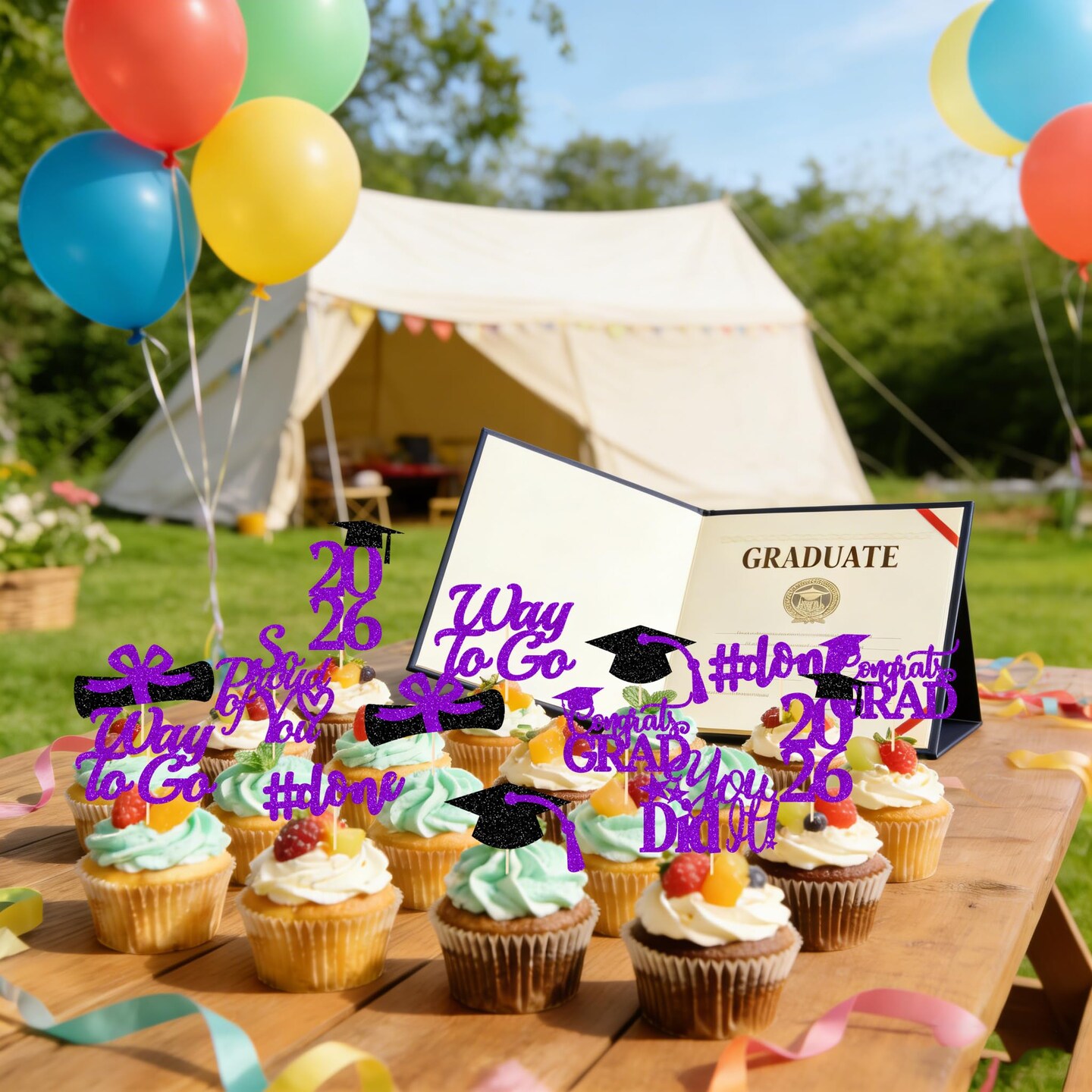 Graduation Decorations 2026 Purple, Graduation Cupcake Toppers 2026 Purple Black, Glitter Class of 2026 Cupcake Toppers Supplies, Class of 2026 Congrats Grad Cap Diploma Cupcake Picks - 40Pcs