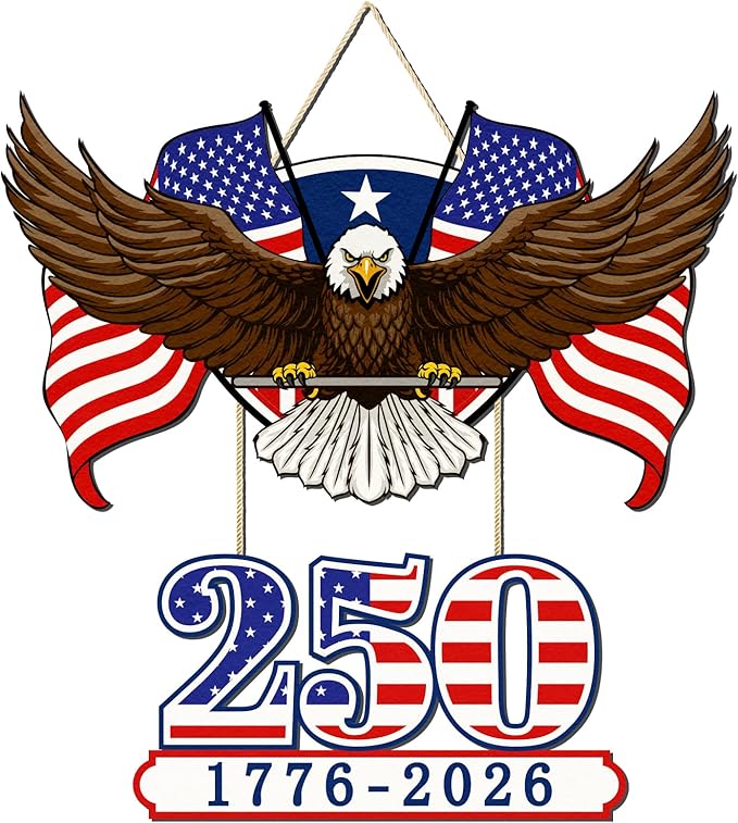 250th Anniversary America Wooden Door Sign - 1776-2026 Commemorative Eagle Hanging Decor - 12" Rustic Red, White, and Blue Patriotic Wall Art for 4th of July and Memorial Day