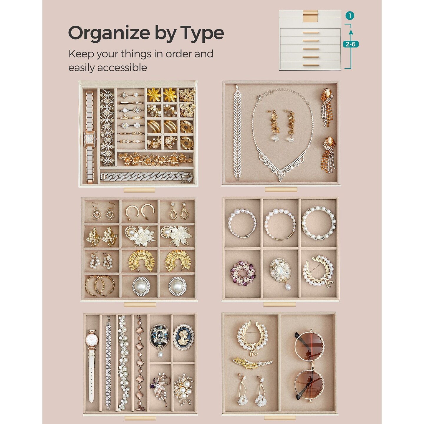 Compact Vertical Jewelry Storage Box for Rings, Necklaces, Bracelets, Earrings & Accessories Organizer with Multi-Layer Space-Saving Design