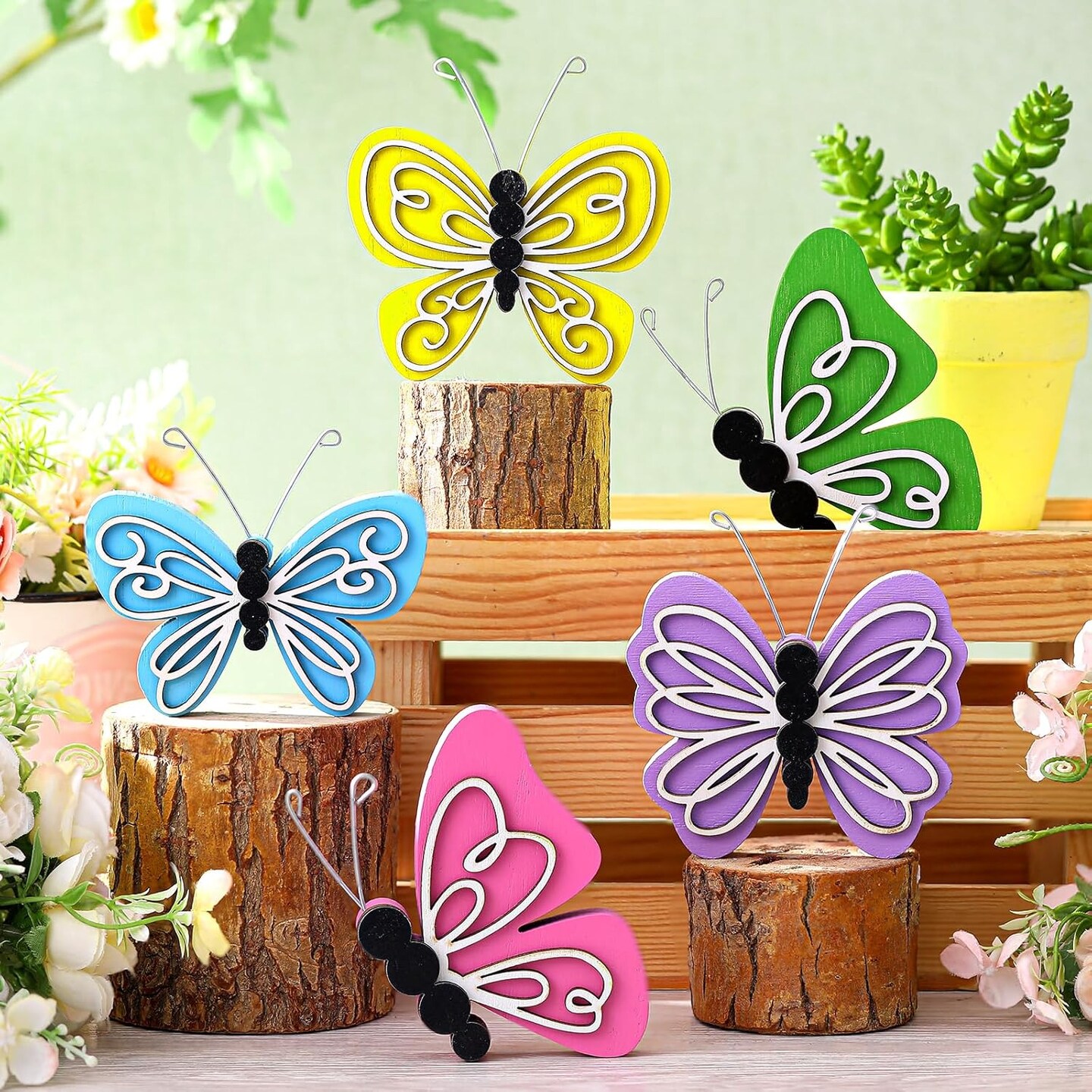 5 Pcs Spring Butterfly Wooden Table Centerpiece Tiered Tray Decor