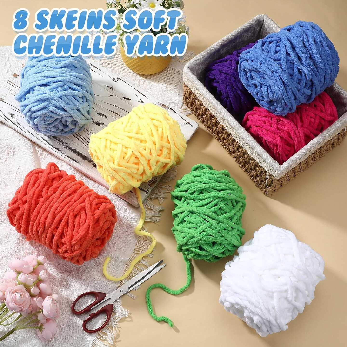 Chunky Chenille Yarn – 8-Pack, Soft & Fluffy Velvet Yarn for Crocheting, Hand Knitting, DIY Crafts, Bulky Yarn for Blankets, Scarves & Plush Projects, Bright Colors