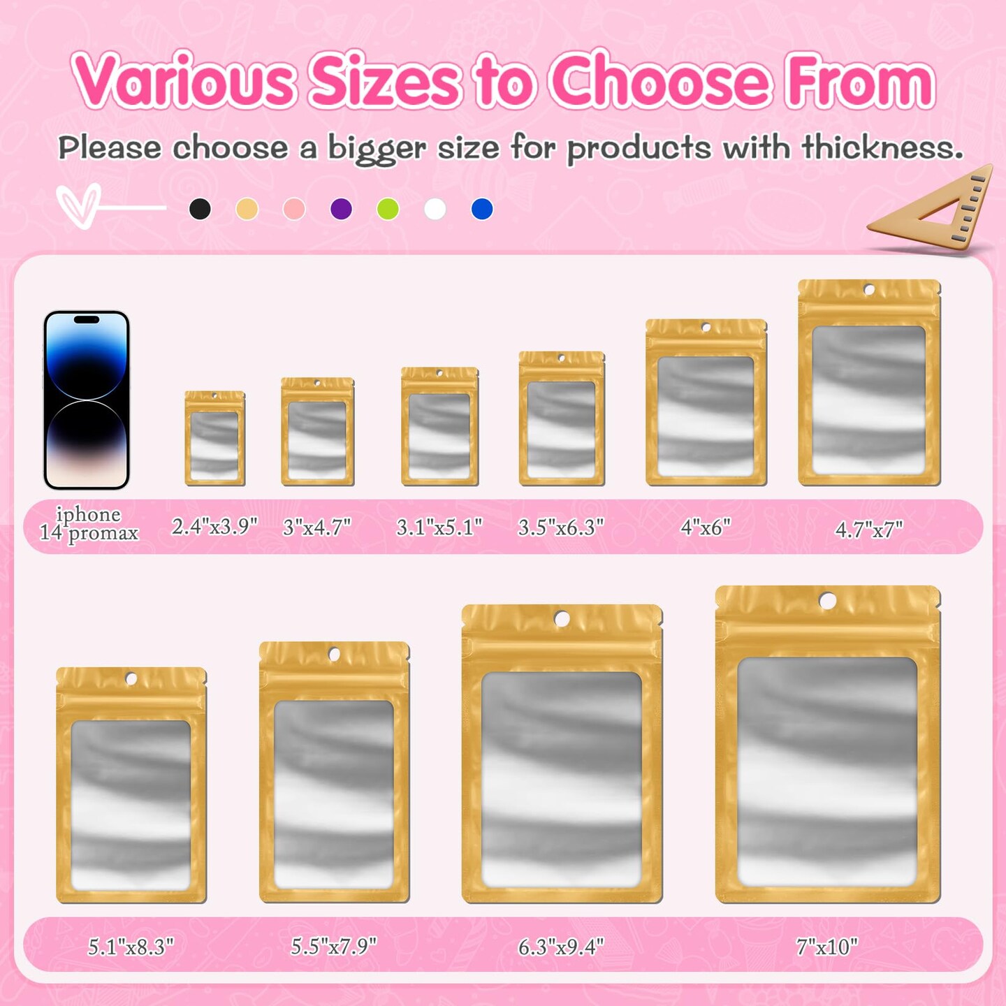100 Pack Mylar Resealable Bags Foil Packaging Bags with Clear Window,Zipper Pouch Smell Proof Bag for Food Storage,Cookies,Sample,Small Business(Gold,3x4.7inch)