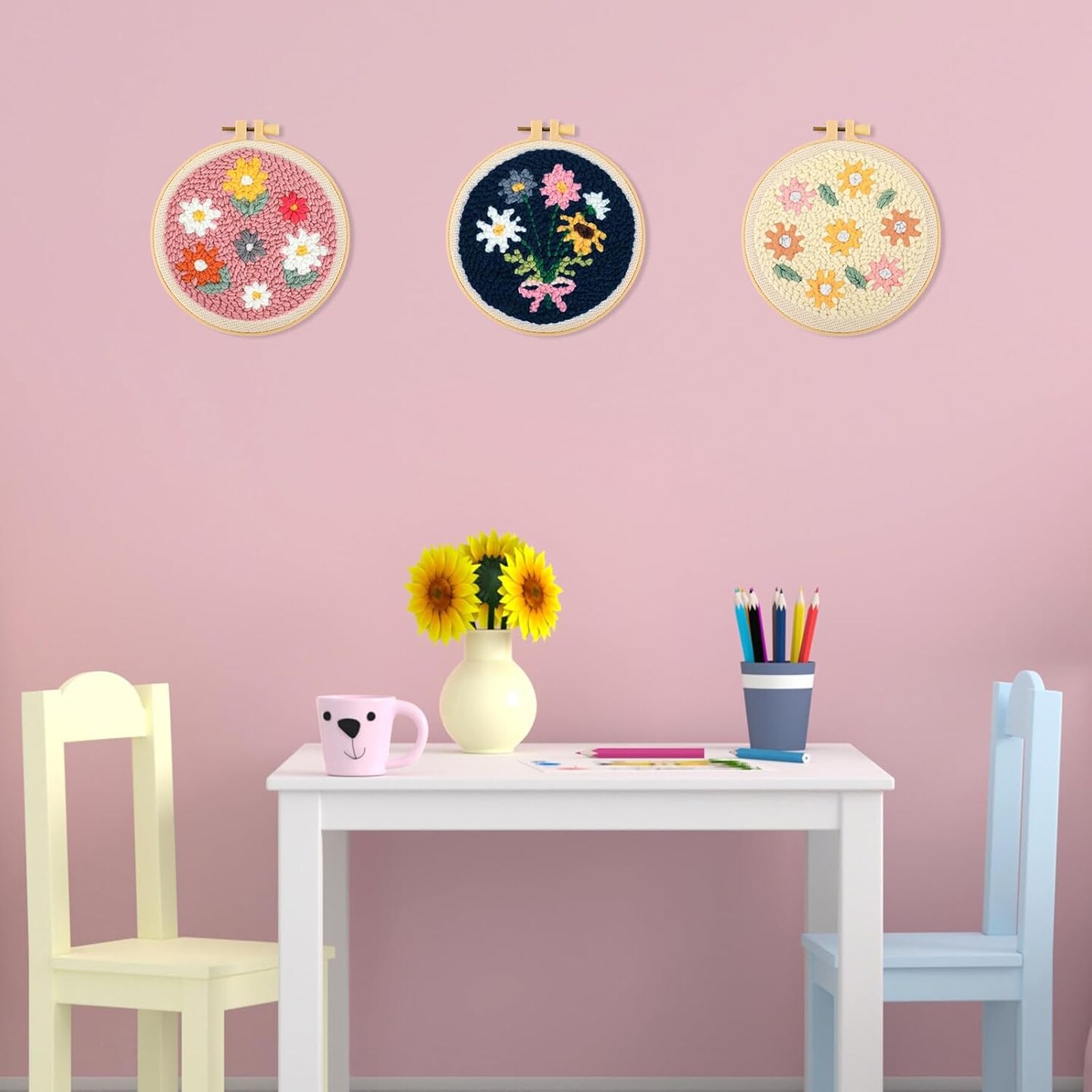 3-Set Punch Needle Embroidery Kit – Daisy Patterns with Fabric, Yarn, Hoop, Needle & Instructions for Beginners DIY Crafts