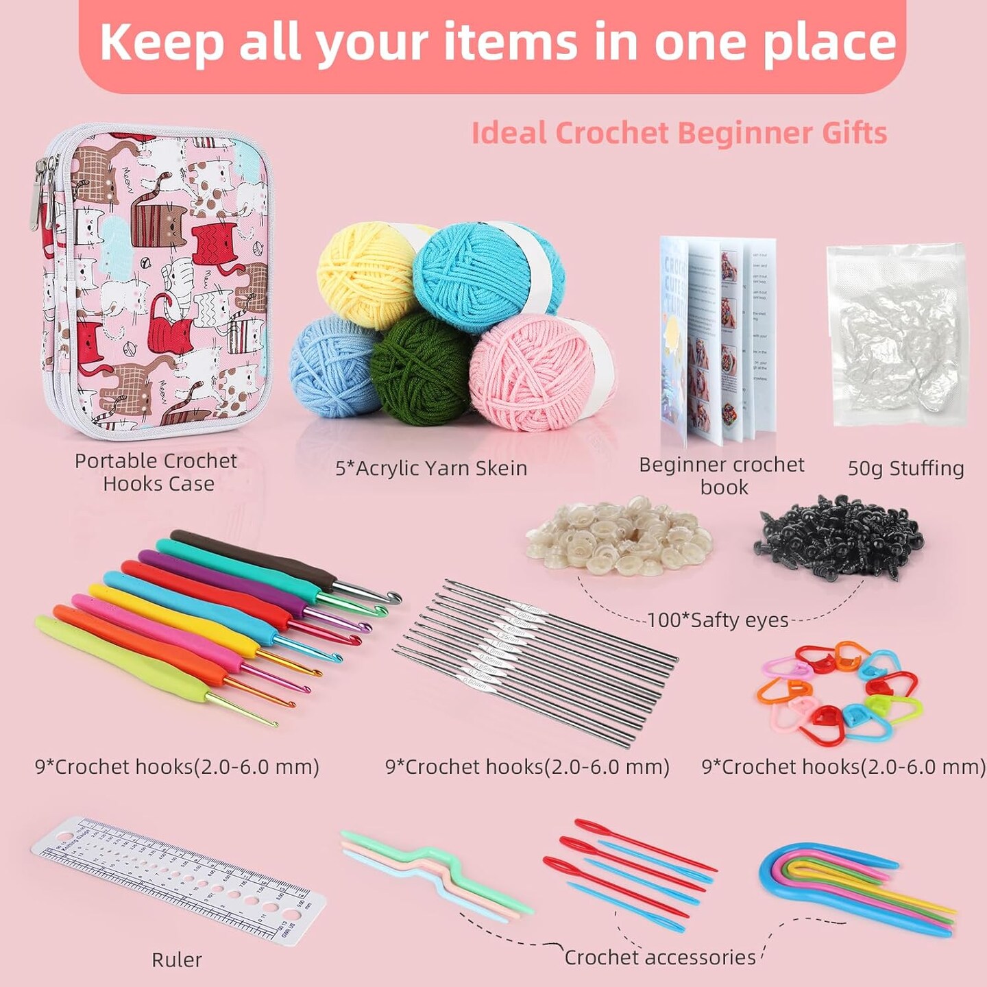 Beginner Crochet Kit for Adults & Kids – 382 Yards Cotton Yarn, Hooks, Safety Eyes & Accessories, DIY Crochet Animal Kit with Tutorials and Portable Storage Bag