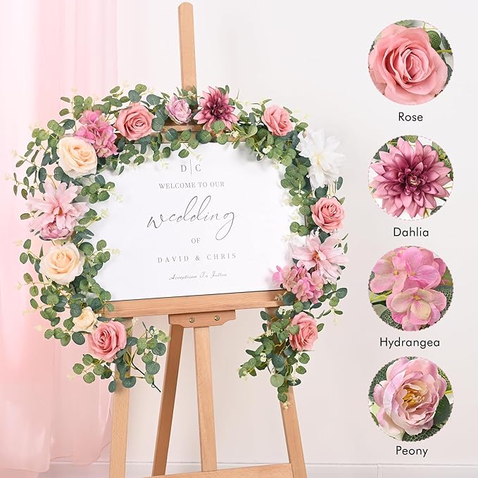 8.85Ft Flower Garland, Eucalyptus Greenery Garland with Flowers, Pink Rose Floral Vines for Wedding Reception Table Mantle Room Spring Summer Decor (Pink)