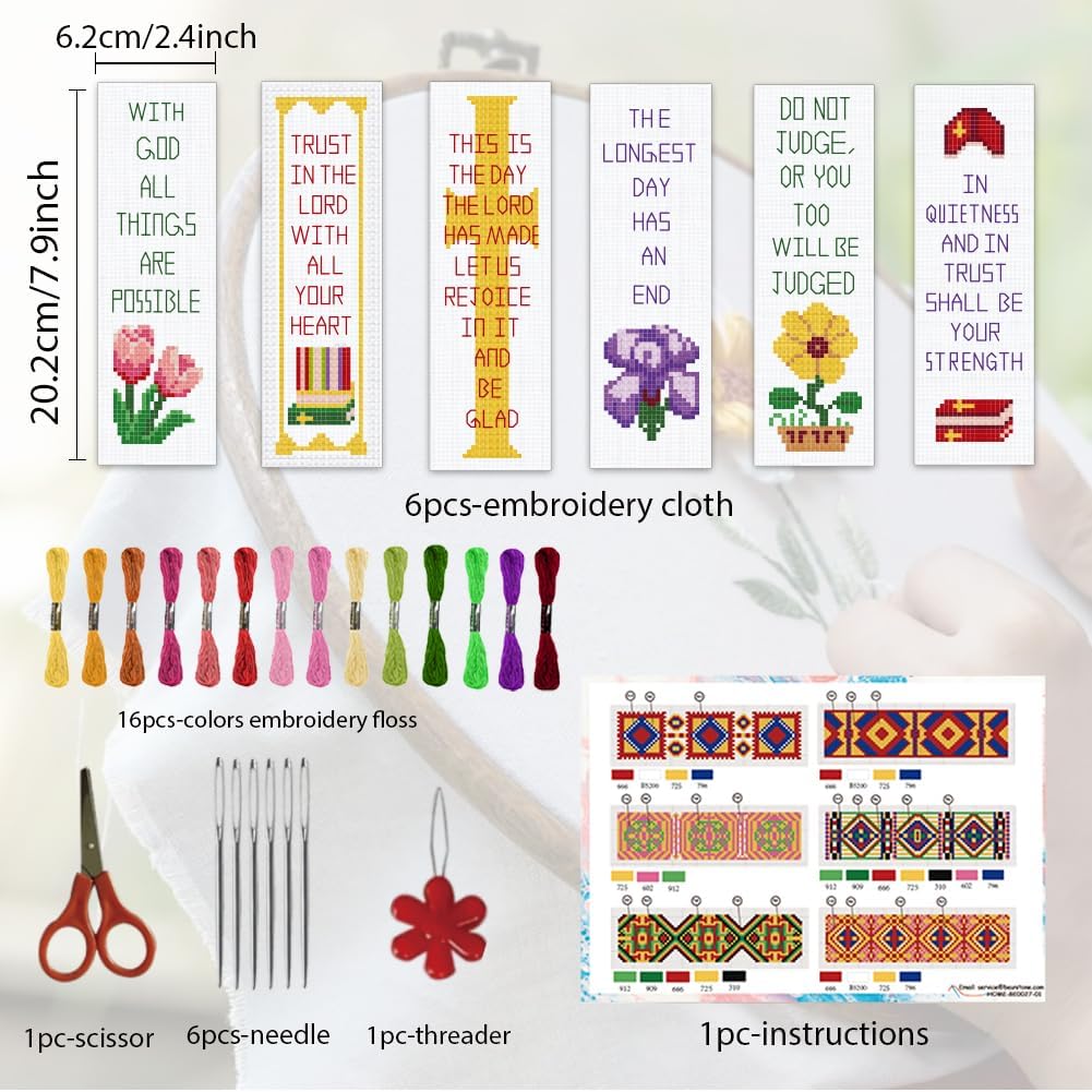 6 PCS Stamped Cross Stitch Bible Verse Bookmark Kit for Beginners – DIY Embroidery Bookmarks with Backing Felt, Threads, Needles & Instructions for Adults and Book Lovers
