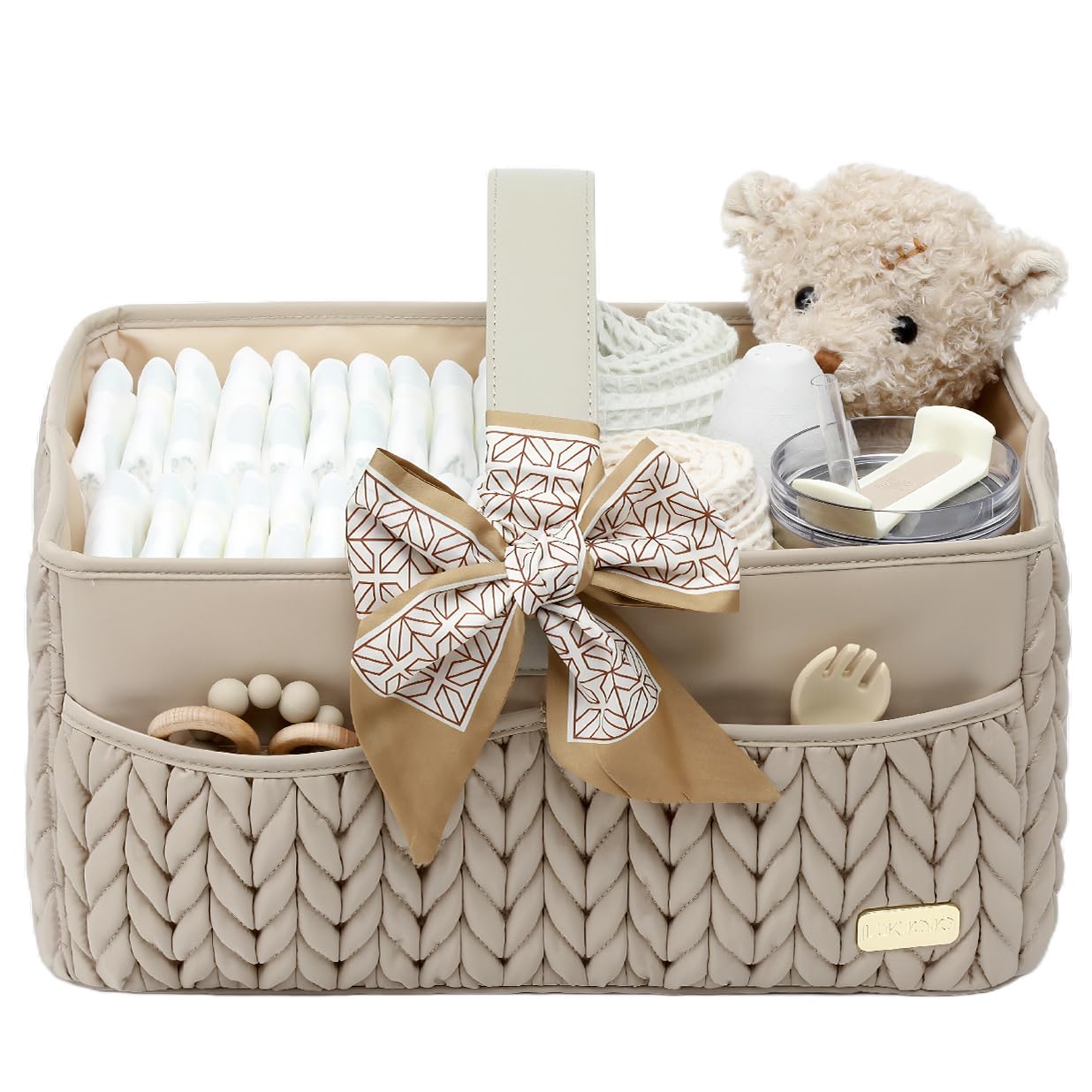 Luxurious Baby Diaper Caddy, Nursery Storage Basket for Newborn Essentials, Travel Baby Basket for Diapers Baby Wipes, Organizer Tote Bag Storage Bin, Baby Shower Gifts(Beige)