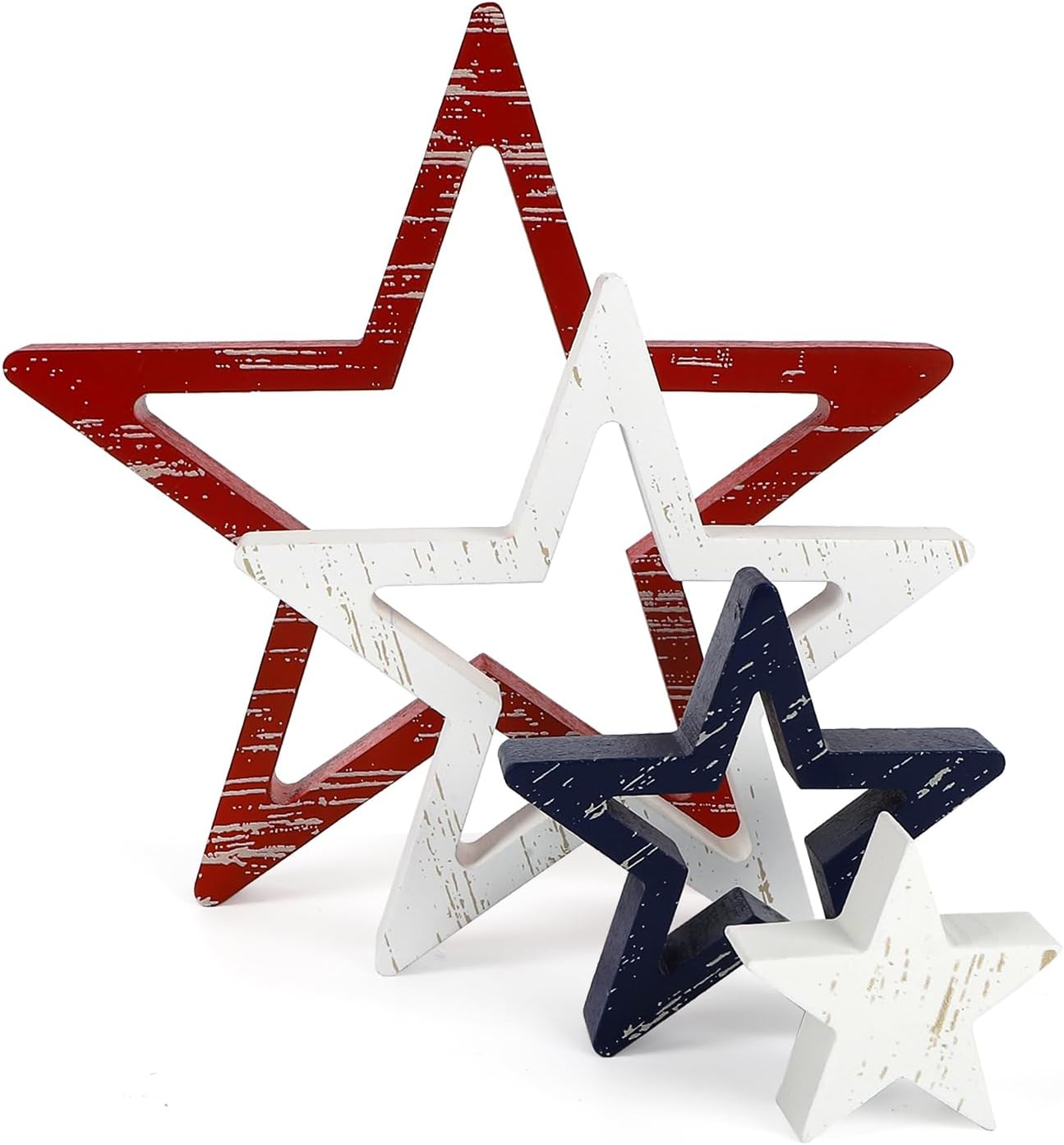 4th of July Tiered Tray Decorations, 4 Pcs Patriotic Wooden Star Set – Red White & Blue Memorial Day, Labor Day, Independence Day Tabletop Decor for Home & Office (Retro Solid Design)