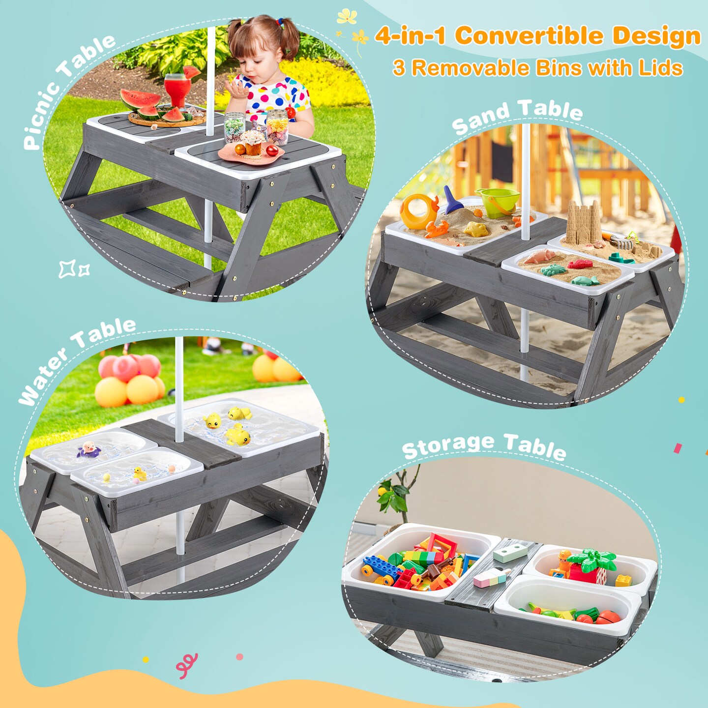 Grey Kids Picnic Table Set with Umbrella 3 Storage Bins Table Bench 38 Inch