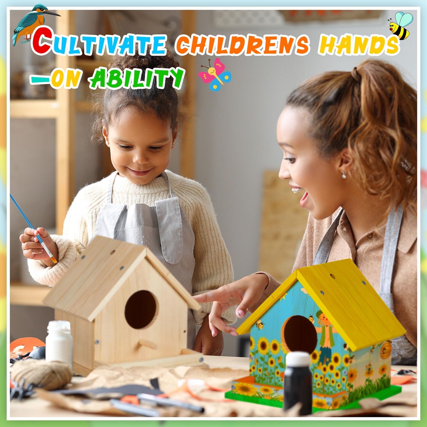 2 Sets Wooden DIY Birdhouse Kit, Unfinished Bird Houses with Paints and Paintbrushes, Bird Feeder Craft Arts for Kids Ages 4-8, 8-12, Classroom Activity and Adults Wooden Craft Gifts