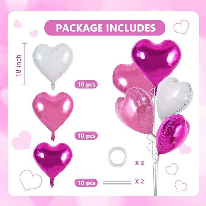 30Pcs 18 Inch Pink White Heart Balloons Hot Pink Heart Shape Foil Mylar Balloons Decoration for Birthday Valentine's Day Wedding Bridal Shower Anniversary Engagement Party Supplies