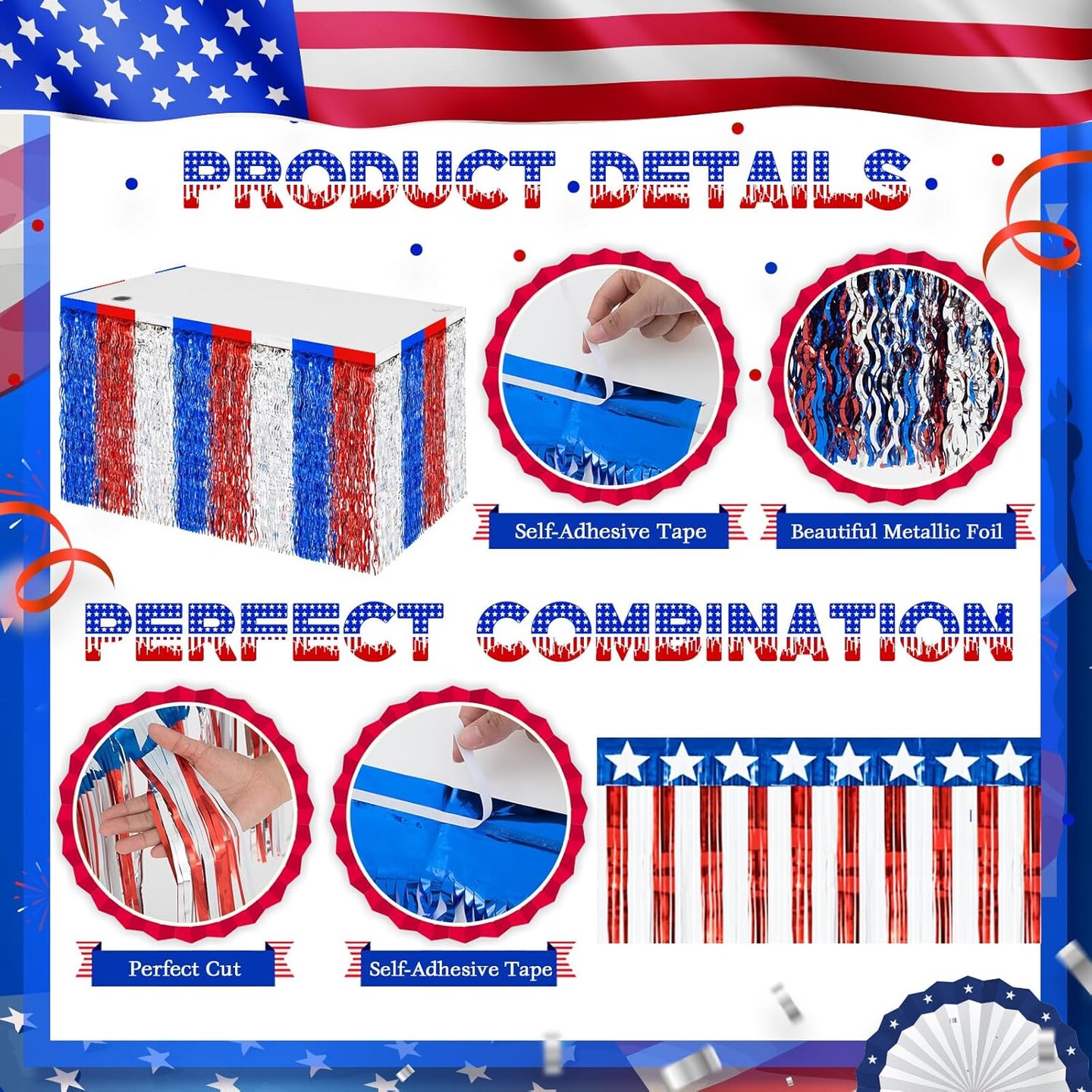 6-Piece 4th of July Table Skirts & Fringe Decorations – Patriotic Red, White & Blue Tinsel Foil Skirt & Banner Set for Independence Day, Memorial Day, Veterans Day & Labor Day Parties