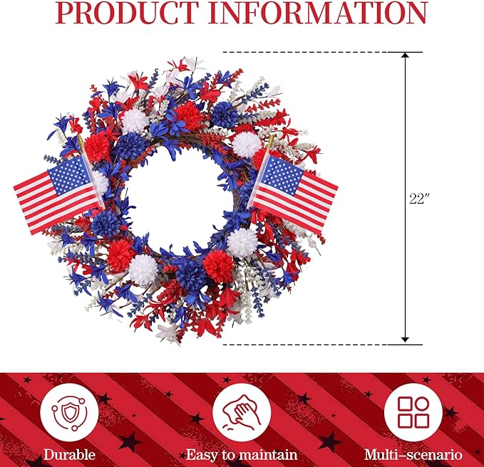 22 Inch Patriotic Wreath for Front Door, Red White Blue Berry Grapevine Wreath with Stars & Bow for July 4th, Memorial Day & Independence Day Decorations