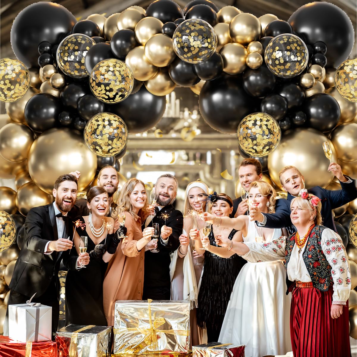 MEBAY 155Pcs Black and Gold Balloon Garland Arch Kit with Gold Confetti Balloons for Graduation New Year Birthday Wedding Party Decorations