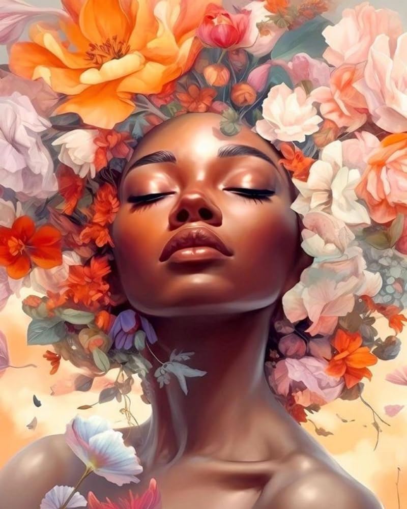 Paint By Numbers African Woman Kit for Adults Beginners – 16x20 Inch DIY Canvas Painting Set, Floral Girl Acrylic Paint by Numbers Kit for Home Wall Decor & Gift (Without Frame)