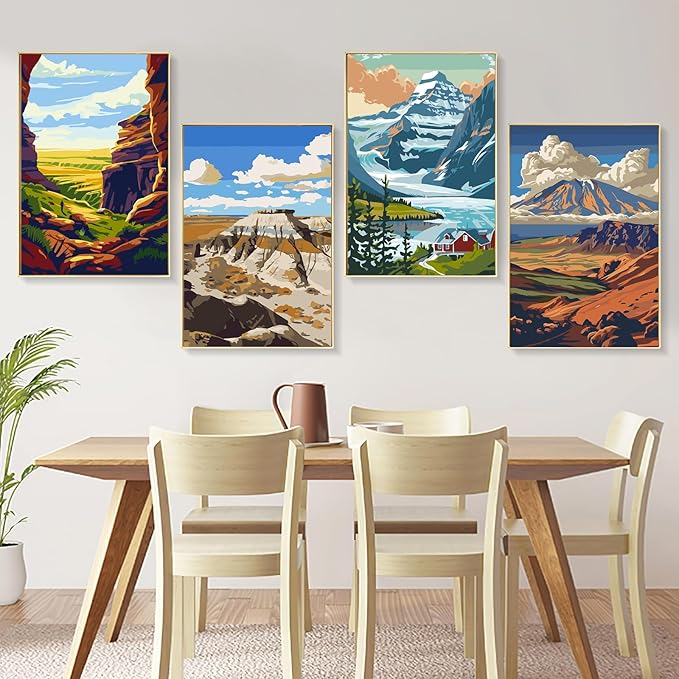 4 Pack National Park Paint by Numbers Kit for Adults Beginner Framed, Mountain Landscape Paint by Number Kits with Frame, DIY Acrylic Adult Paint by Number Kits on Canvas for Home Decor Gift 8x12 Inch