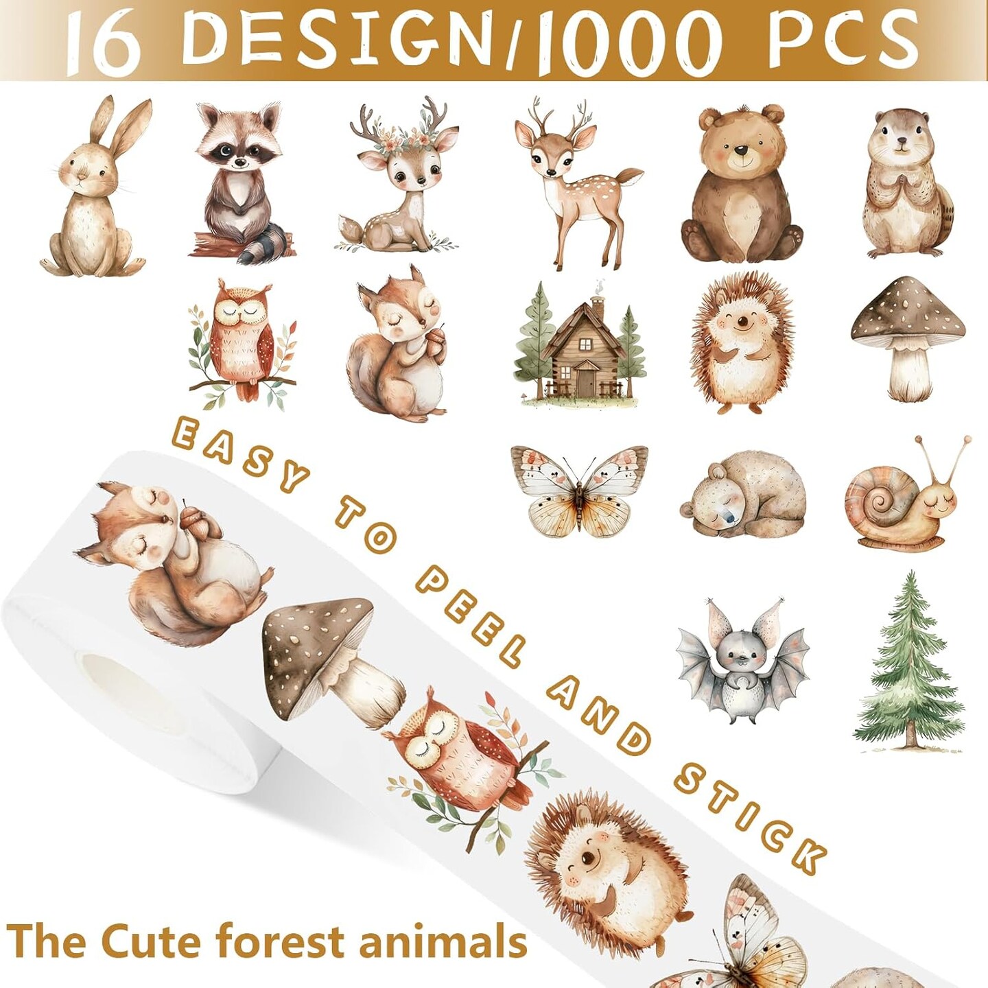 1000PCS Woodland Animal Stickers Roll – Watercolor Forest Animal Stickers for Envelope Seals, Gift Bags, Scrapbooks, Cards & Party Favors
