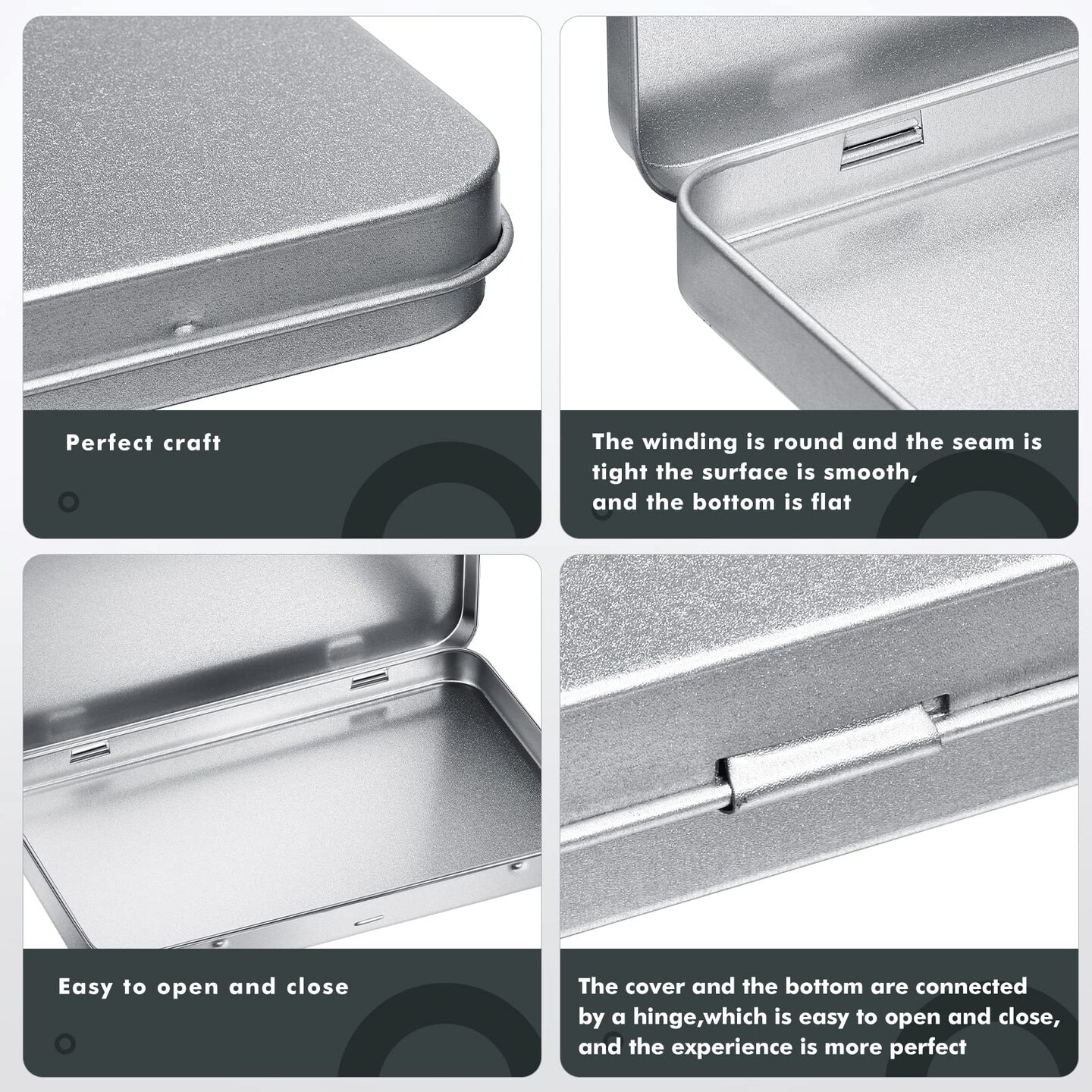 4 Pack Rectangular Metal Tin Box with Lid Metal Hinged Lid Tin Empty Box Container Storage for Watercolor Jewelry Pen Eraser Pill Candy Craft Organize 7.0 x 4.2 x 0.6'' (Sliver)