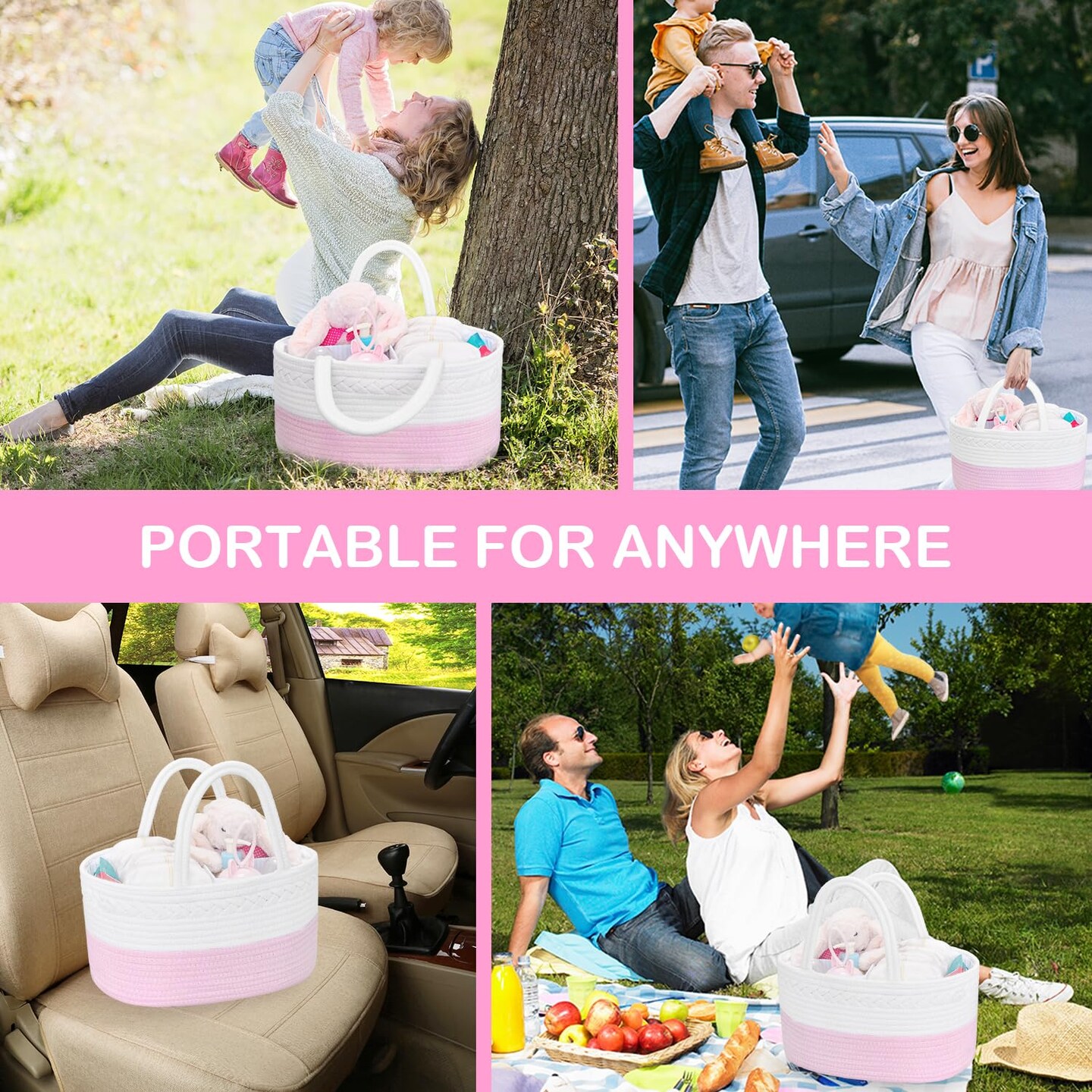 Diaper Caddy Organizer - Cotton Rope Nursery Storage Basket for Baby Essentials, Boys & Girls Shower Gift, Changing Table Organizer, Pink