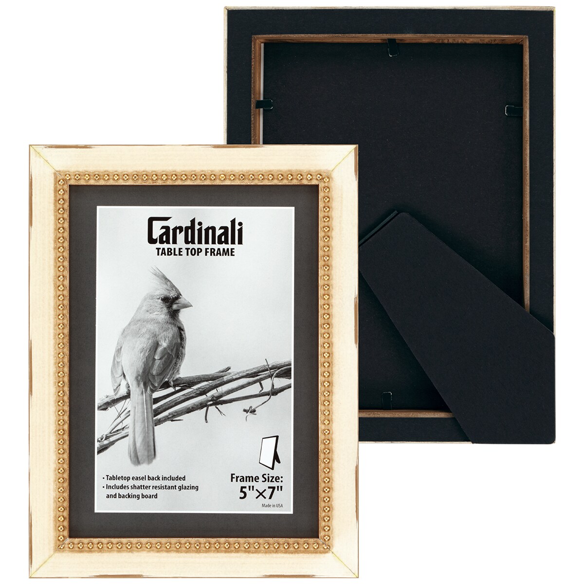 Cardinali Winston Tabletop Frame, 5x7" Cream with Gold Bead Picture Frame for Desk & Mantel Decor, Hand Finished Beaded Border, Easel Back, Shatter-Resistant Acrylic Glazing, Made in the USA