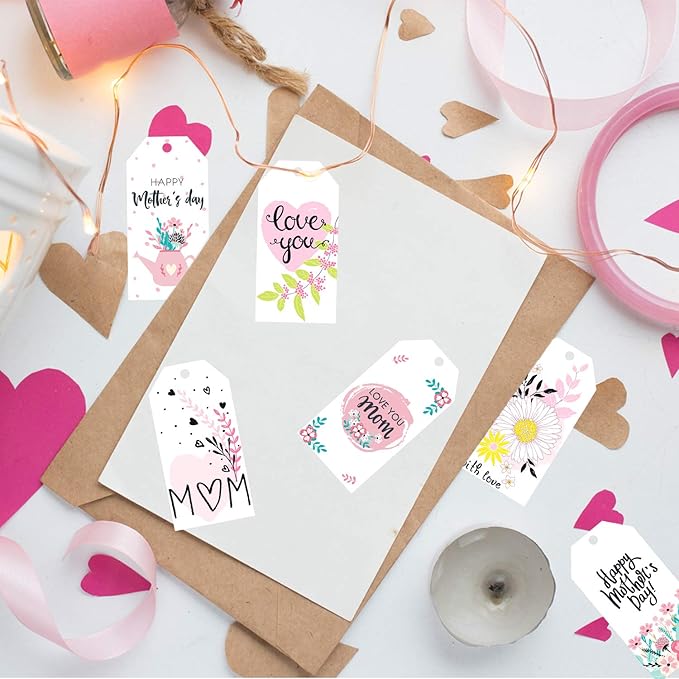 120 Pcs Mother's Day Hanging Gift Tags - 8 Floral Designs with "Best Mom Ever" & "Love You Mom" - Includes 65.6ft Twine for DIY Crafts and Gift Wrapping