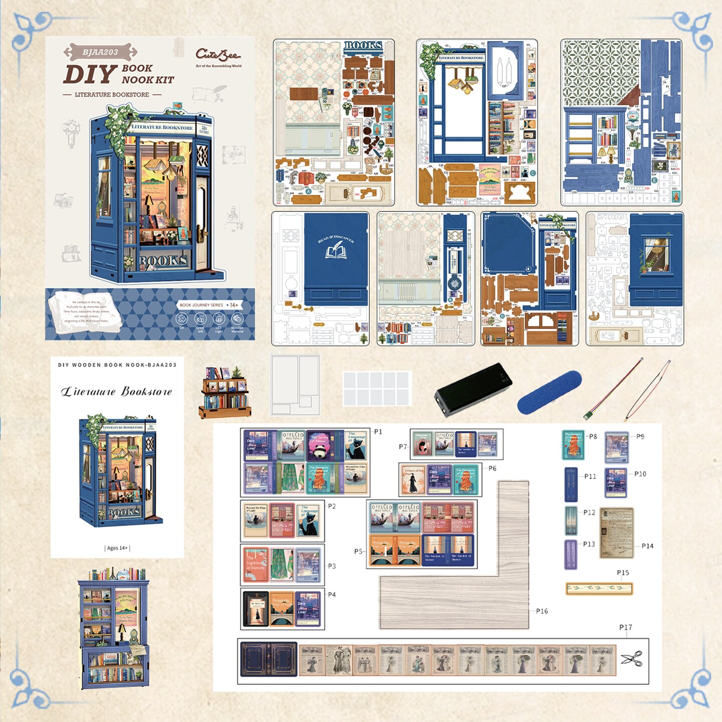 CUTEBEE Book Nook Kit Literature Bookstore DIY Miniature House Shelf Insert Decor Diorama Kit