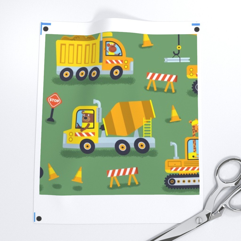 Construction Trucks Green Animals Children Custom Printed Fabric by Spoonflower Various Fabrics by the Yard or Fat Quarter