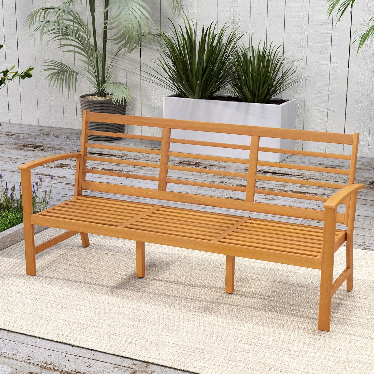 Outdoor Wood Bench 64 Inch with Backrest Cushion, Patio Porch Seating Natural Finish