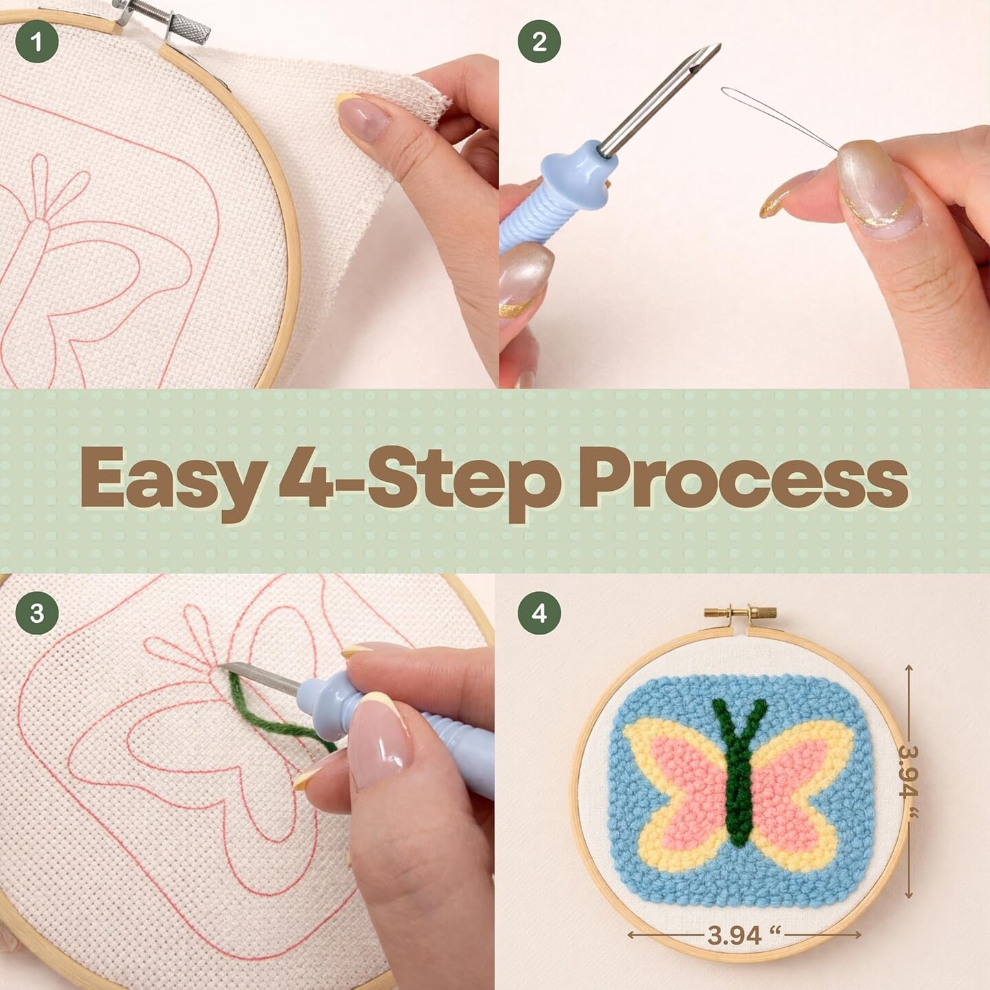 Punch Needle Kit for Beginners & Adults – DIY 6-Coaster Embroidery Set with Printed Fabric, Yarn, Needle, Hoop & Guide, Easy Craft Kit for Home Decor, Gifts & Relaxation