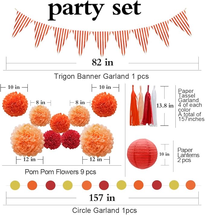 33pcs Party Decorations Supplies Set, Paper Lanterns Tissue Pom Poms Flowers Tassels Hanging Garland Banner Triangle Flag Bunting for Birthday, Baby Shower, Wedding Graduation Events (Orange, Red)