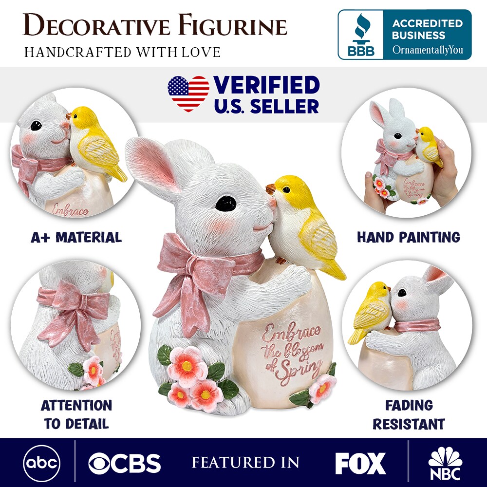 Bunny and Yellow Bird Easter Garden Statue, 7" Spring Rabbit Figurine Outdoor Decor