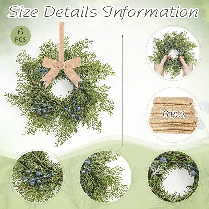 6 Pcs Small Blueberry Swags Spring Summer Wreath Mini Kitchen Candle Rings 3” Blue Berry Cabinet Wreaths with Retro Burlap Ribbon for Farmhouse Rustic Home Front Door Window Wedding Chair Wall