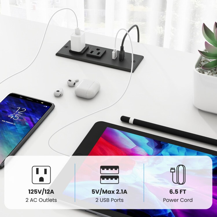 Black White Metal Engineered Wood Double Desk LED Power Outlet Storage Shelves