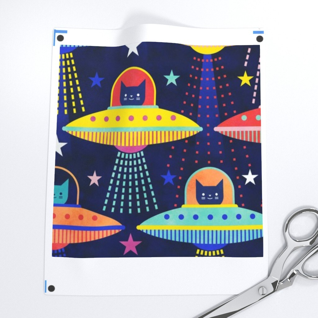Rainbow Space Cat Flying Saucers Multicolored 80S Retro Outer Ufo Arcade Games Custom Printed Fabric by Spoonflower Various Fabrics by the Yard or Fat Quarter