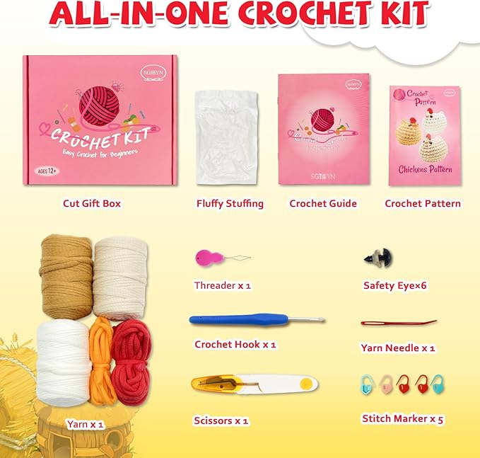 Crochet Kit for Beginners with Step-by-Step Video Tutorials, Starter Crochet Chickens Amigurumi Kit for Teens & Women - Easy DIY Handcraft Knitting Animal Kit - Learn to Crocheting (3 Chickens)