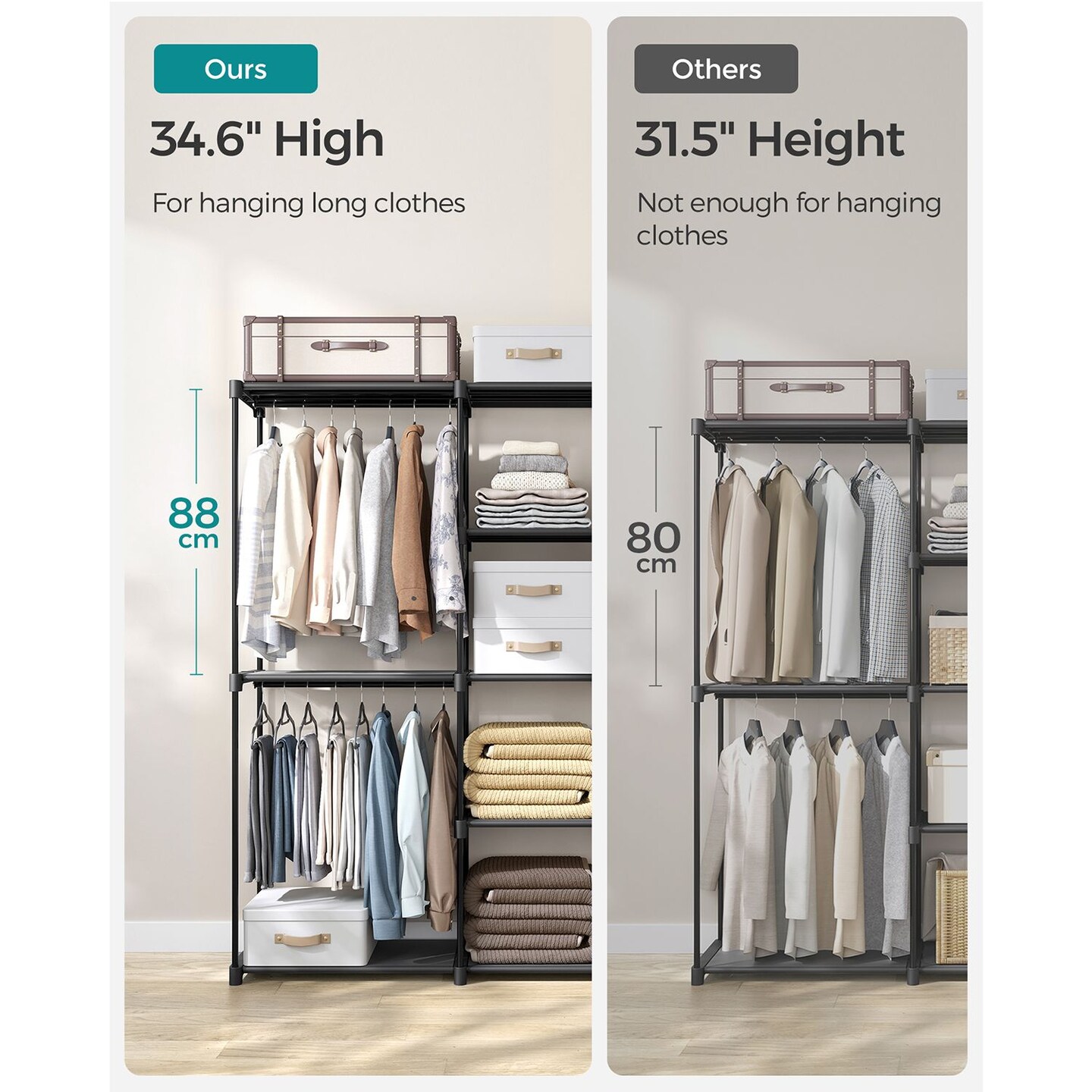 Black Metal Tubes & Plastic Connectors Fabric Shelves Portable Closet Wardrobe Rack, 3 Hanging Sections, Adjustable Shelving Design, Heavy-Duty Storage Organizer
