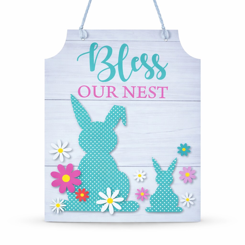 Easter Bunny Hanging Wall Sign With Pastel Florals Decor 11.5 Inches Tall