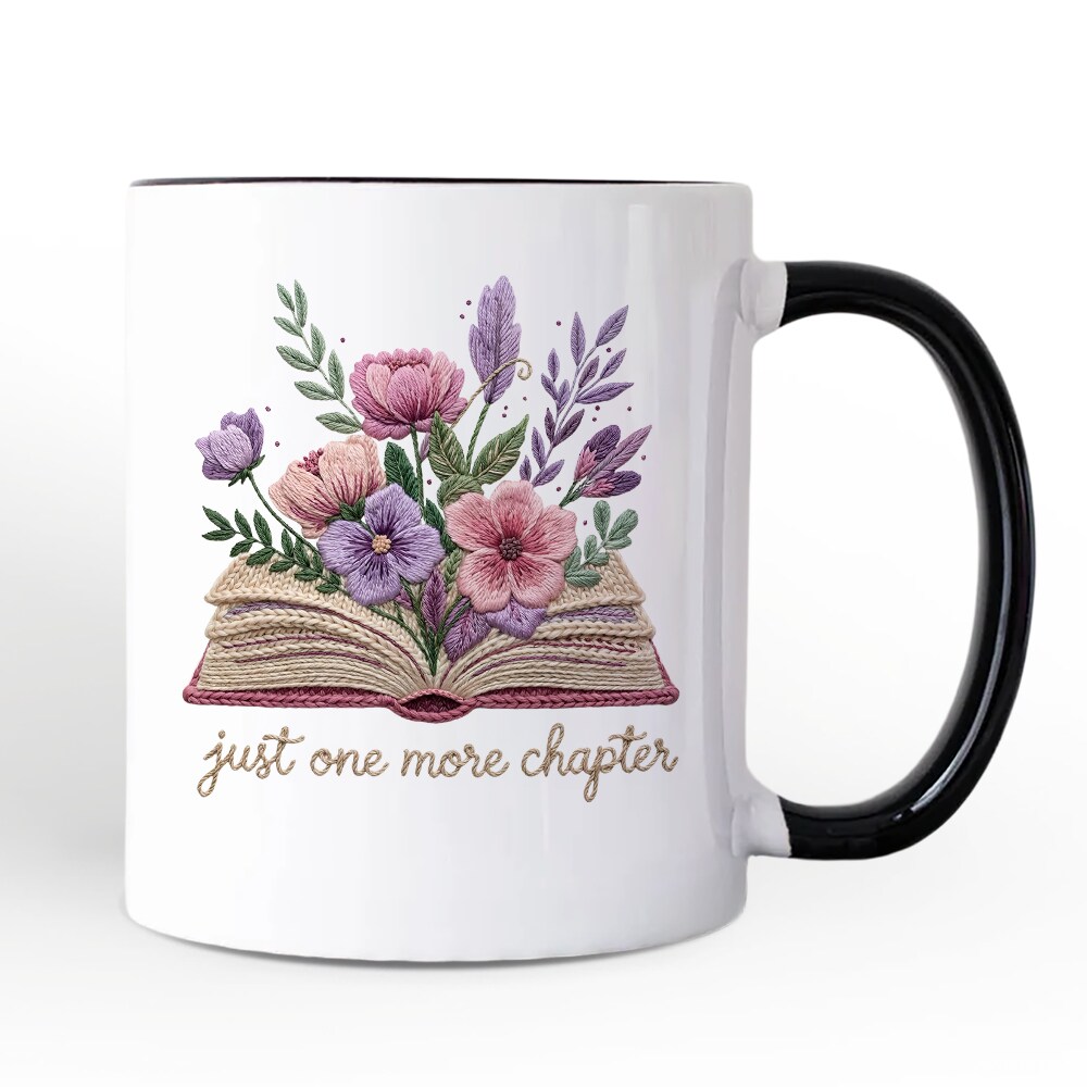 Floral Book Printed Faux Yarn Crochet Mug, Just One More Chapter Bookworm Gift