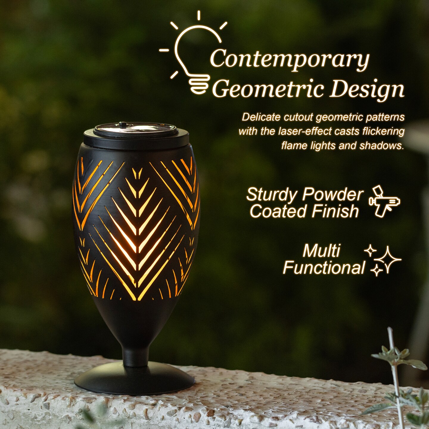 8.75"H Set of 4 Black Metal Cutout Geometric Pattern Solar Powered Outdoor Lantern with LED Light