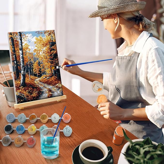 Framed Paint by Numbers Kit for Adults - Fall Forest Adult Paint by Number Kits on Canvas with Easel, DIY Autumn Landscape Paint by Number Framed Canvas for Home Wall Decor 8x12 Inch