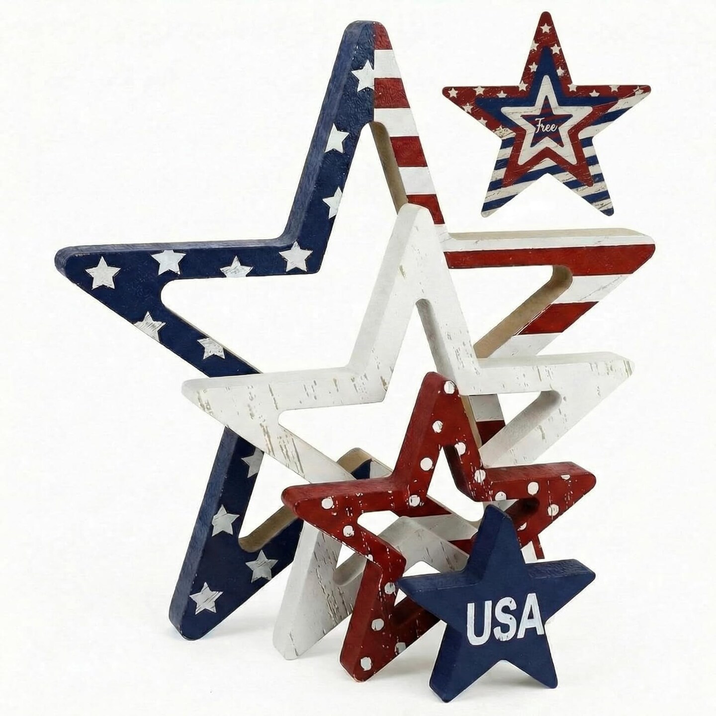 4th of July Tabletop Decorations, 4 Pcs Patriotic Star Wooden Signs – Rustic Double-Sided Red White Blue Independence Day Centerpieces for Tiered Tray, Mantel, Shelf & Memorial Day Decor