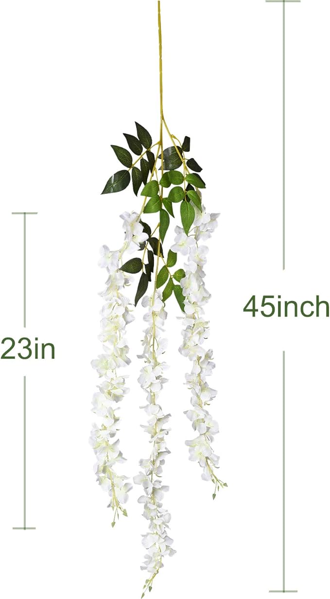 6 Pack Artificial Fake Wisteria Vine Ratta Hanging Garland, 3.75 Feet/Piece Silk Flowers String Home Party Wedding Decor (6PCS-Large White Wisteria)