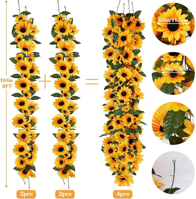 8Ft Sunflower Garland 4 Pack Artificial Sunflowers Hanging Vines Summer Garland Spring Flower Garland Decorations for Baby Shower Wedding Party Kitchen Birthday Bedroom Wall Decor (Yellow)
