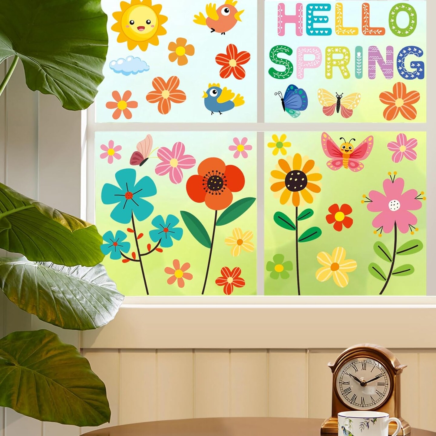 Hello Spring Window Clings 86 Pack – Summer Flowers, Butterflies & Bugs Static Cling Decorations for Classroom, Home, Kids Window Stickers