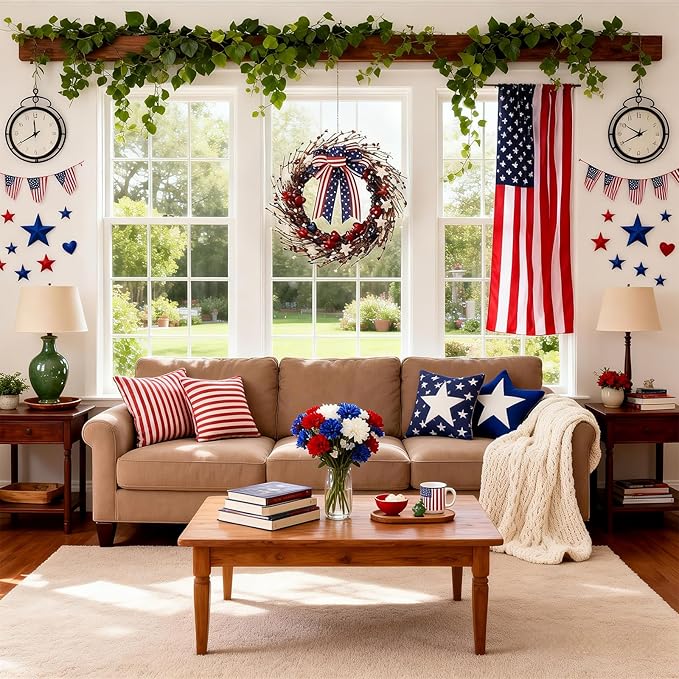 22 Inch 4th of July Patriotic Wreath, Red White Blue Berry Grapevine Front Door Wreath with Hanging Loop for Independence Day & Memorial Day Decorations