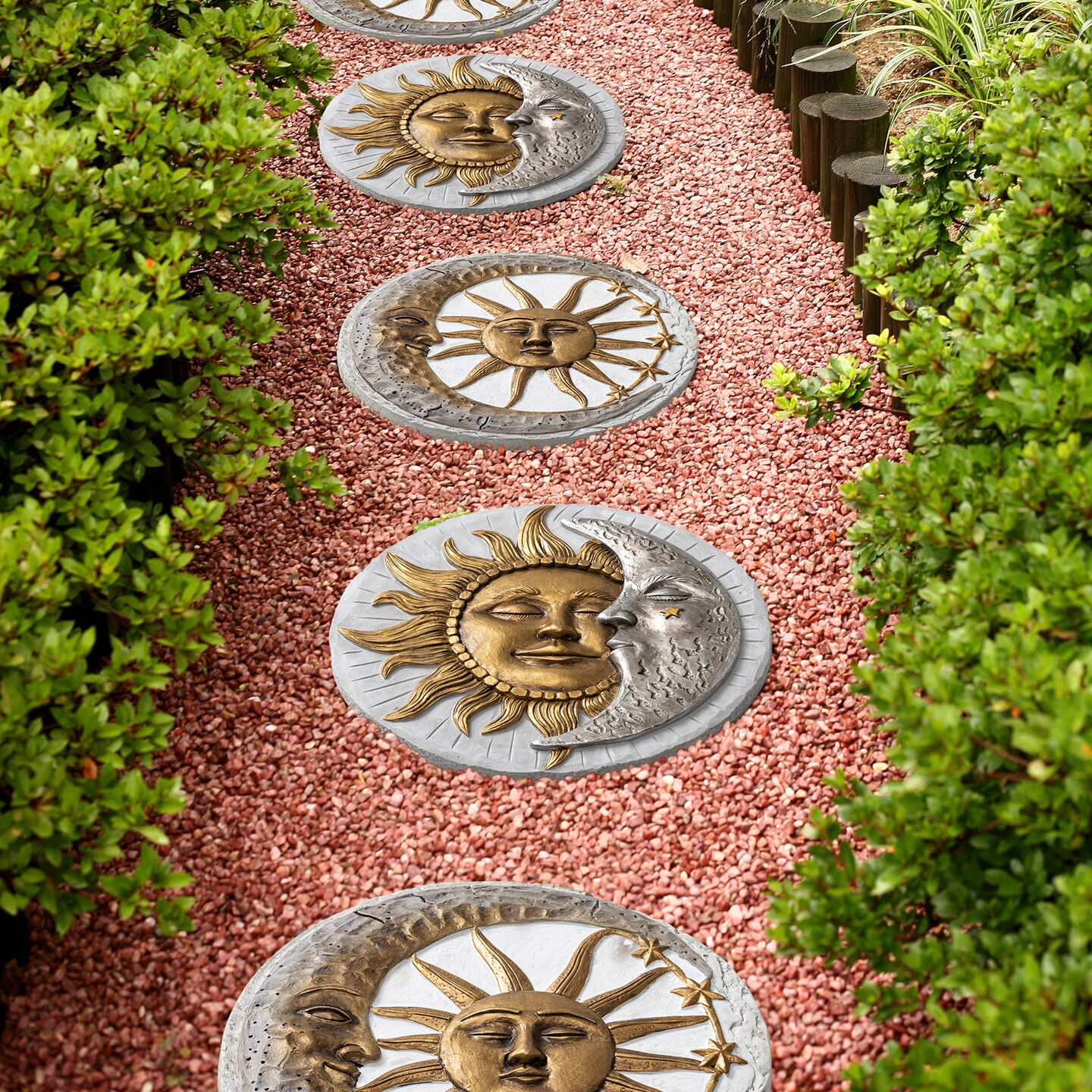 10"D Set of 4 Cement Sun and Moon Textured Stepping Stones